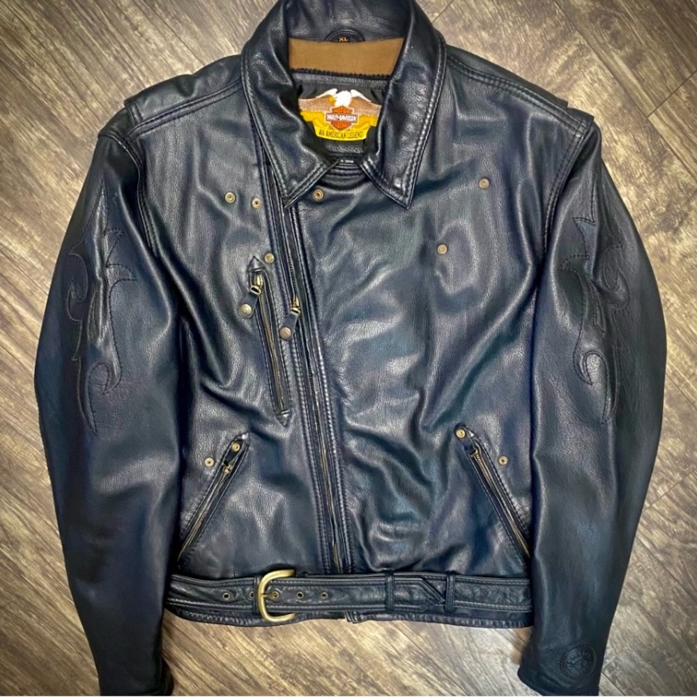 Harley-Davidson Wool Lined Black Embroidered Flames Belted Leather Riding Jacket